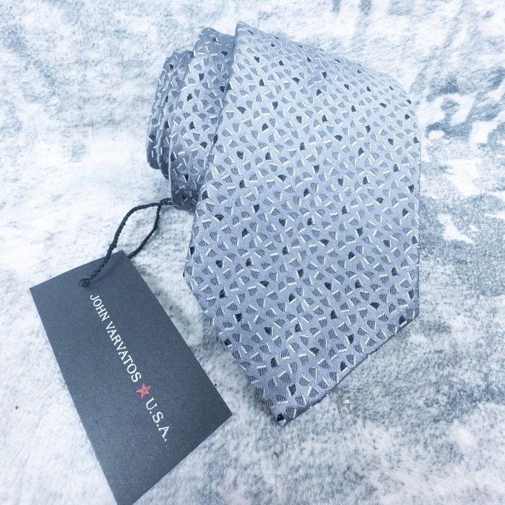 John Varvatos Star USA Silk Tie Mens Grey Silver Geometric Pattern Designer NWT